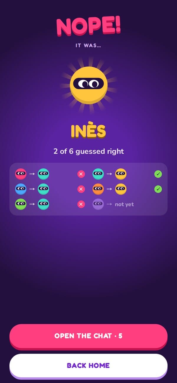 Verdict screen: NOPE, it was Inès