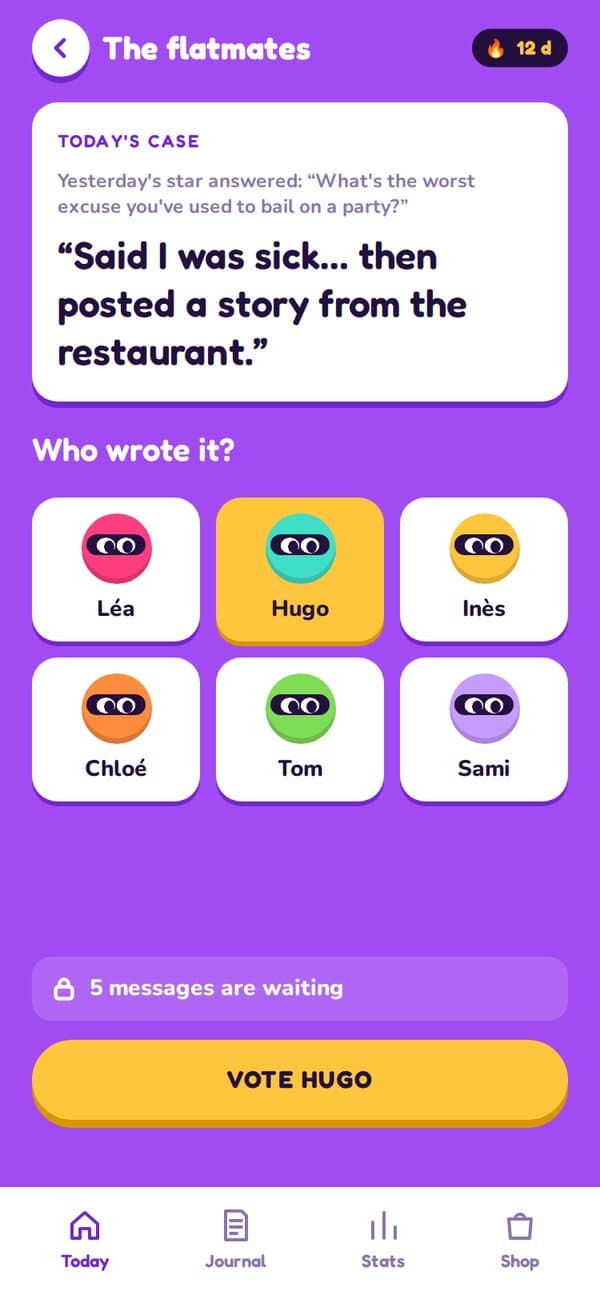 Vote screen: the anonymous answer and the suspects