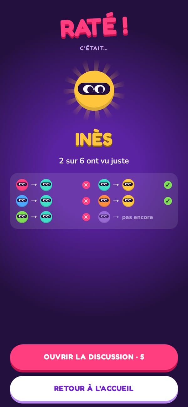 Écran du verdict : RATÉ, c'était Inès